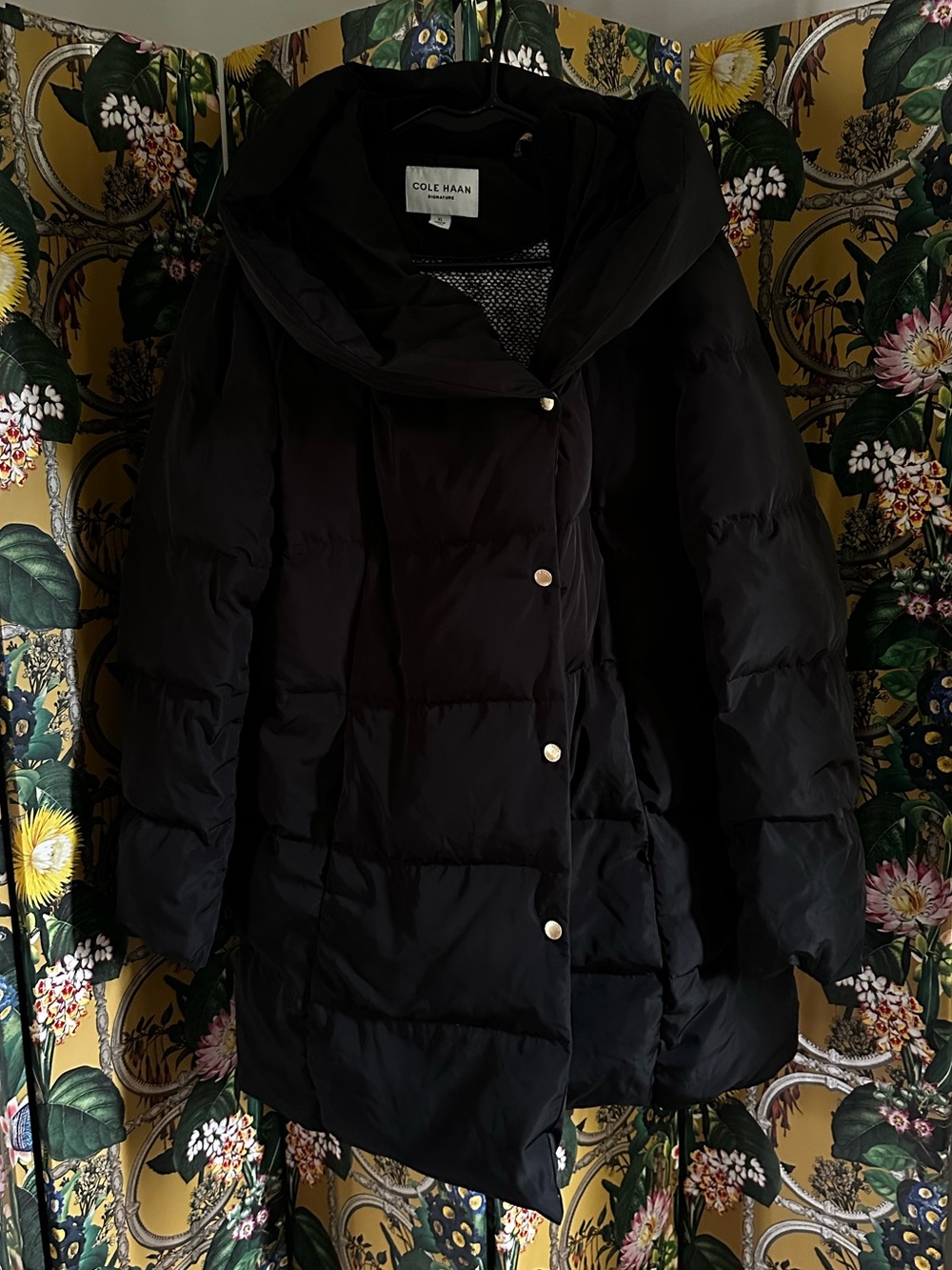 Cole Haan Black Quilted Hooded Puffer Coat Cocoon Snaps Down Feathers XL